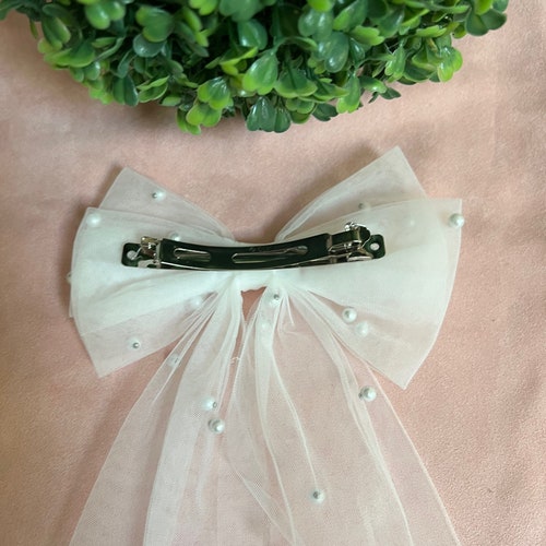 Bridal Pearl Bow Hair Accessory with Veil for Wedding or Bachelorette