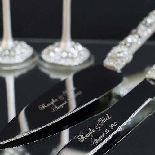 Personalized Champagne Flutes and Cake Cutting Set for Weddings & Anniversaries