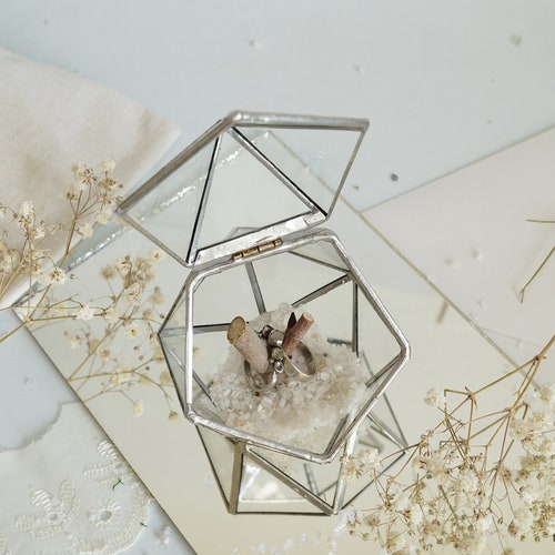 Glass Wedding Ring Box | Engagement Ring Holder with Moss & Pebbles