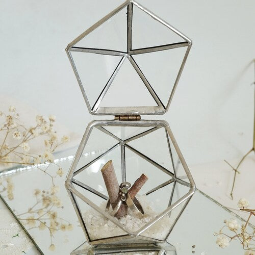 Glass Wedding Ring Box | Engagement Ring Holder with Moss & Pebbles