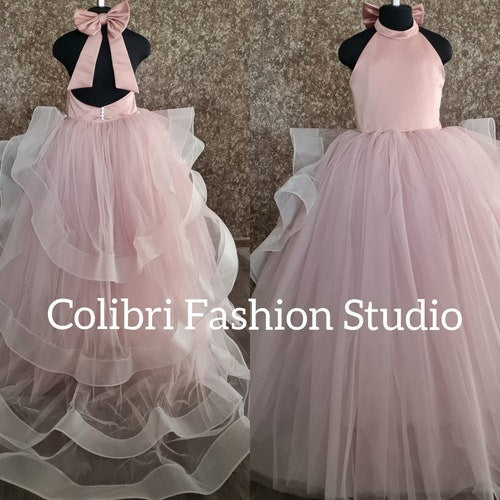 Dusty Rose Flower Girl Dress with Tulle Train, Removable Bow & Elegant Back Cutout