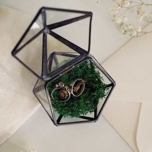 Glass Wedding Ring Box | Engagement Ring Holder with Moss & Pebbles