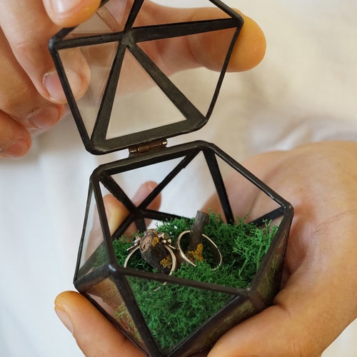 Glass Wedding Ring Box | Engagement Ring Holder with Moss & Pebbles