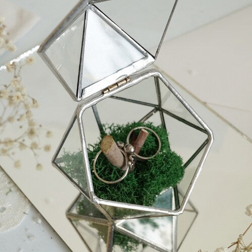 Glass Wedding Ring Box | Engagement Ring Holder with Moss & Pebbles
