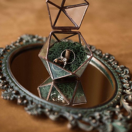 Glass Wedding Ring Box | Engagement Ring Holder with Moss & Pebbles