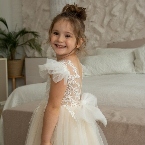 Ivory Flower Girl Dress with Detachable Train & Lace Embroidery - Tutu Ball Gown for Girls