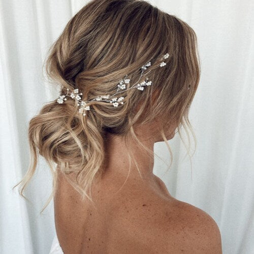 Delicate Crystal Bridal Hair Vine with Babys Breath – Vintage Silver Hair Piece