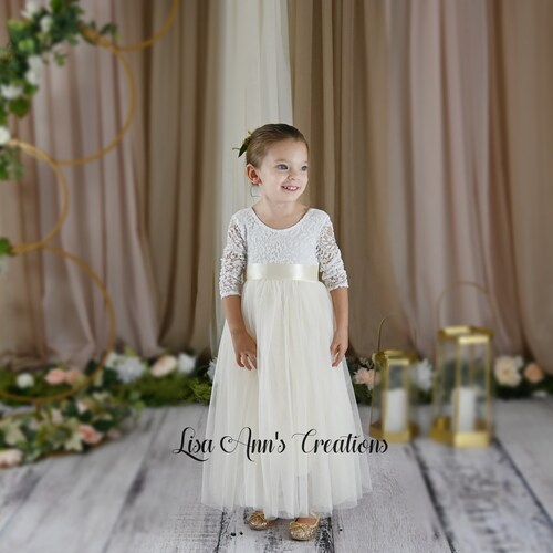 Ivory Flower Girl Dress with Lace Bodice & Tulle Skirt – Customizable Sash and Headband Options