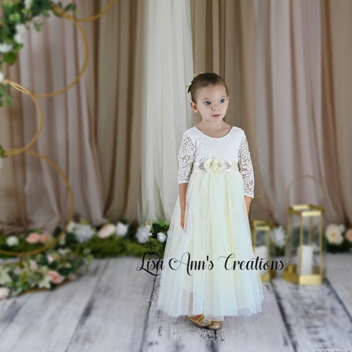 Ivory Flower Girl Dress with Lace Bodice & Tulle Skirt – Customizable Sash and Headband Options