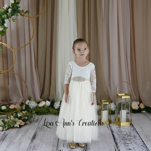 Ivory Flower Girl Dress with Lace Bodice & Tulle Skirt – Customizable Sash and Headband Options
