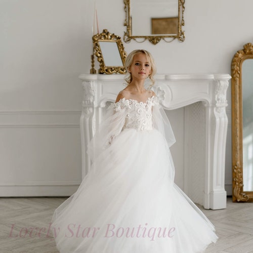 Lace and Tulle Flower Girl Dress with Long Sleeves and Bow