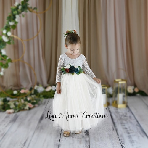 Ivory Flower Girl Dress with Lace Bodice & Tulle Skirt – Customizable Sash and Headband Options