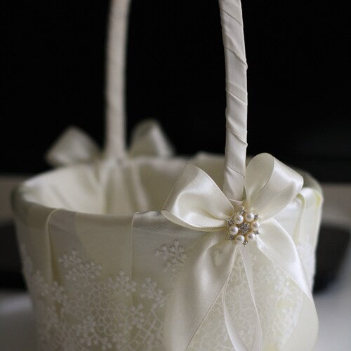 Flower Girl Basket and Ring Bearer Pillow Set – Ivory Wedding Accessories with Lace and Satin