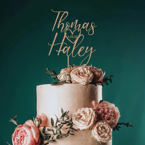 Personalized Wedding Cake Topper with Date – Custom Script Design