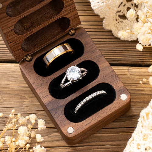 Triple Flip Wooden Ring Box – Custom Wedding Engagement Ring Box, 3 Slots