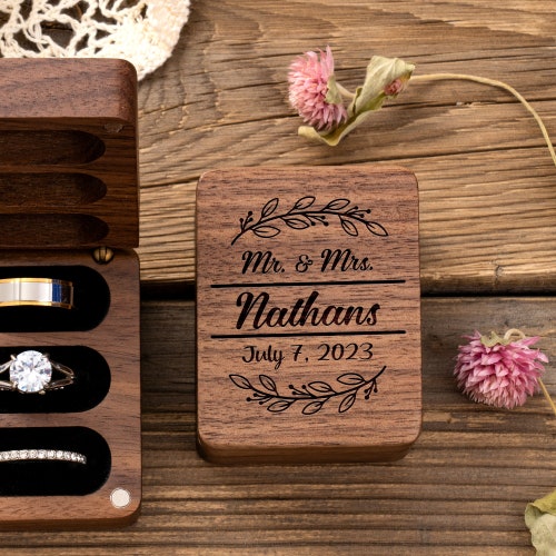 Triple Flip Wooden Ring Box – Custom Wedding Engagement Ring Box, 3 Slots