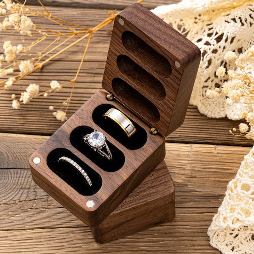 Triple Flip Wooden Ring Box – Custom Wedding Engagement Ring Box, 3 Slots