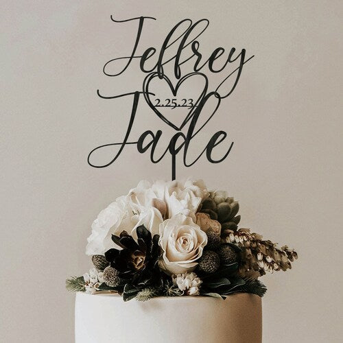 Personalized Wedding Cake Topper with Date – Custom Script Design