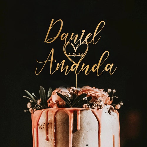 Personalized Wedding Cake Topper with Date – Custom Script Design