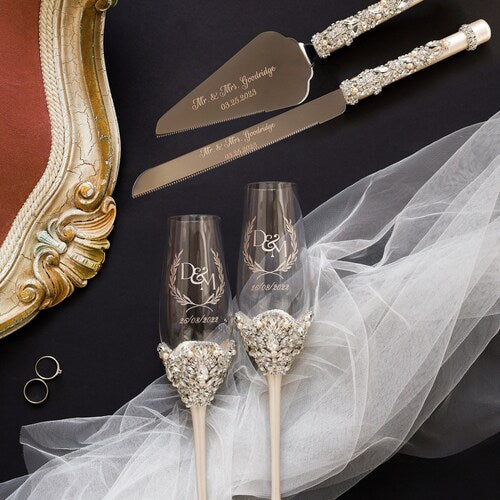 Personalized Champagne Flutes and Cake Cutting Set for Weddings & Anniversaries