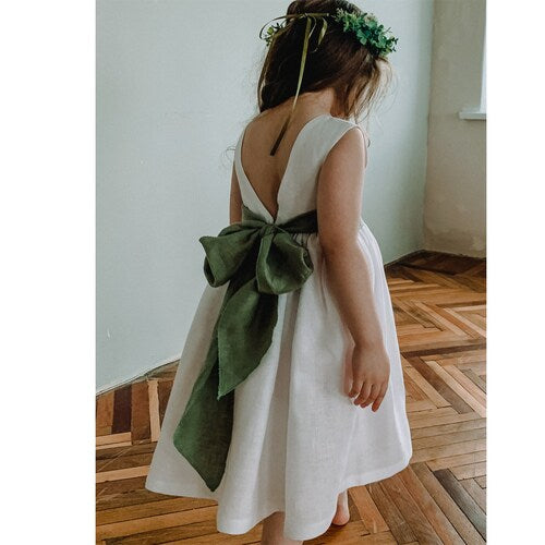 Boho Linen Flower Girl Dress – White Toddler Dress with Bow Back