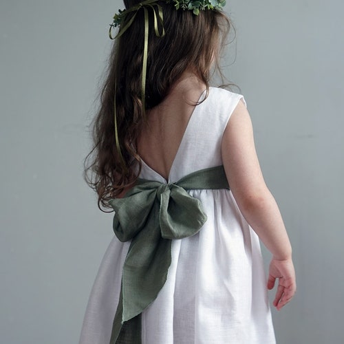 Boho Linen Flower Girl Dress – White Toddler Dress with Bow Back