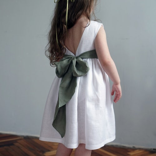 Boho Linen Flower Girl Dress – White Toddler Dress with Bow Back