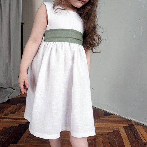 Boho Linen Flower Girl Dress – White Toddler Dress with Bow Back