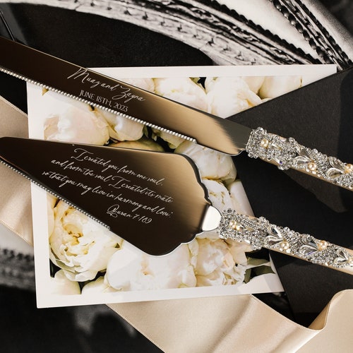 Personalized Champagne Flutes and Cake Cutting Set for Weddings & Anniversaries