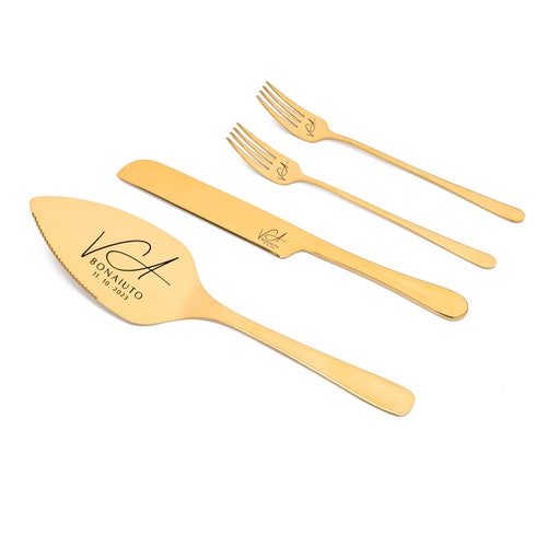Engraved Wedding Cake Cutting Set – Champagne Knife, Server, & Forks