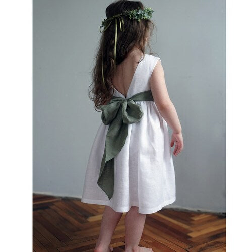 Boho Linen Flower Girl Dress – White Toddler Dress with Bow Back