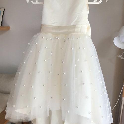 Ivory Tulle Flower Girl Dress with V-Back and Pearls
