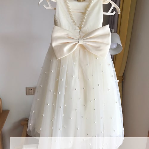 Ivory Tulle Flower Girl Dress with V-Back and Pearls
