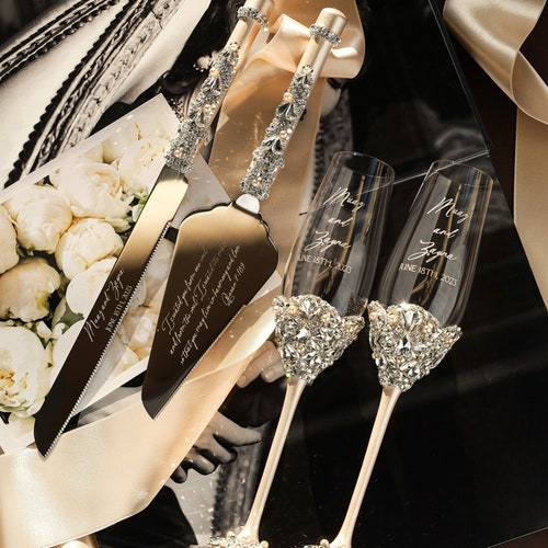 Personalized Champagne Flutes and Cake Cutting Set for Weddings & Anniversaries