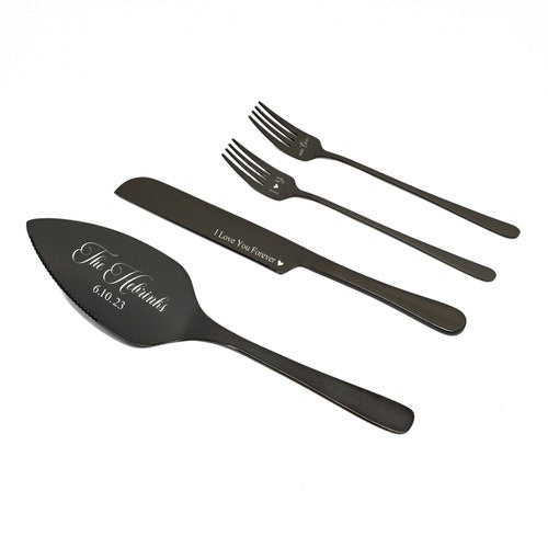Engraved Wedding Cake Cutting Set – Champagne Knife, Server, & Forks