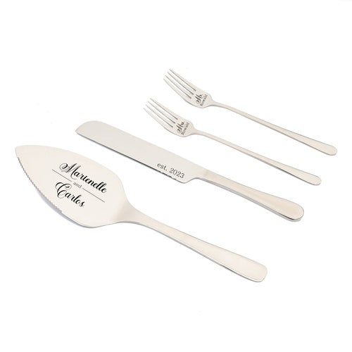 Engraved Champagne Wedding Cake Cutting Set with Knife, Server, and Forks