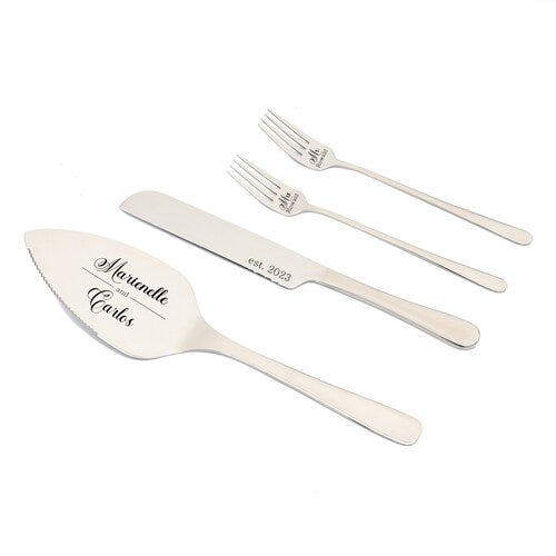 Engraved Wedding Cake Cutting Set – Champagne Knife, Server, & Forks