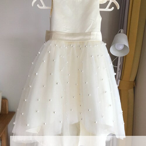 Ivory Tulle Flower Girl Dress with V-Back and Pearls