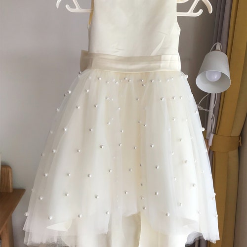 Ivory Tulle Flower Girl Dress with V-Back and Pearls