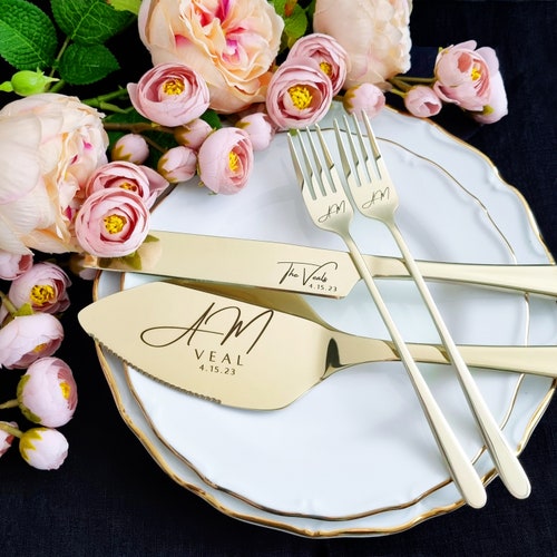 Engraved Wedding Cake Cutting Set – Champagne Knife, Server, & Forks