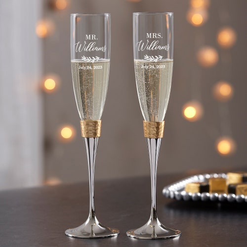 Laurels of Love Gold Hammered Cake Knife & Server or Champagne Flute Set
