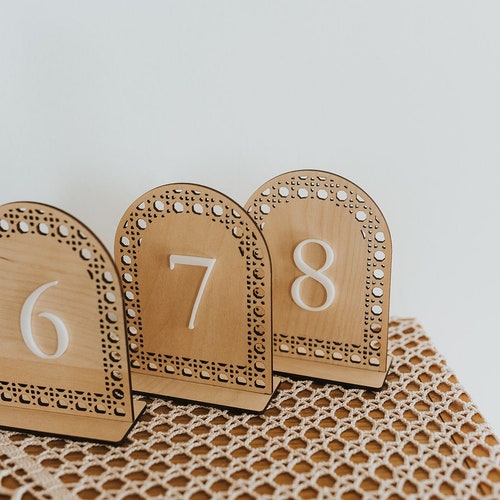 Boho Wedding Table Numbers – Arch Wood Table Numbers with Rattan Detail & White Acrylic Number