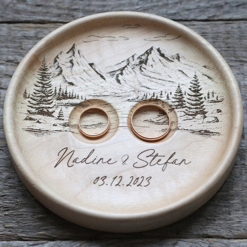 Mountain View Wedding Ring Dish – Personalized Wood Ring Holder