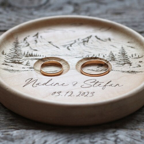 Mountain View Wedding Ring Dish – Personalized Wood Ring Holder
