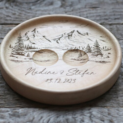 Mountain View Wedding Ring Dish – Personalized Wood Ring Holder