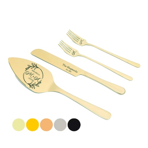 Engraved Wedding Cake Cutting Set – Champagne Knife, Server, & Forks