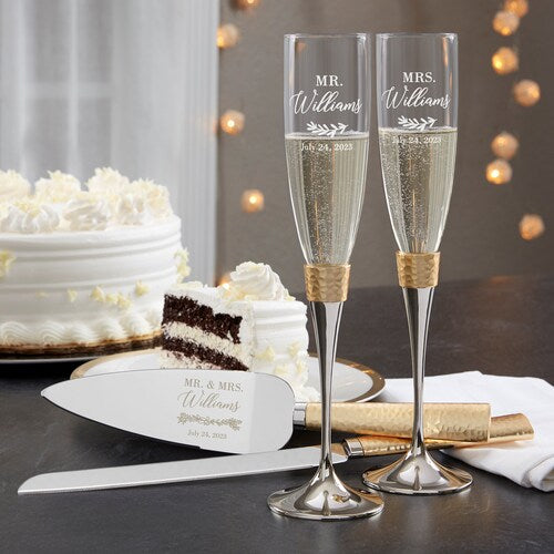 Laurels of Love Gold Hammered Cake Knife & Server or Champagne Flute Set