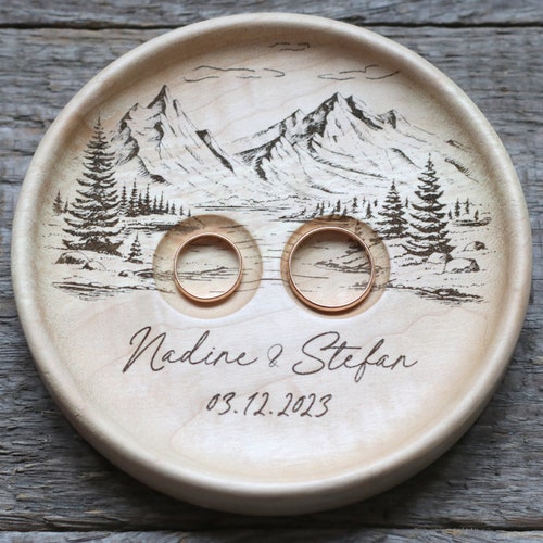 Mountain View Wedding Ring Dish – Personalized Wood Ring Holder