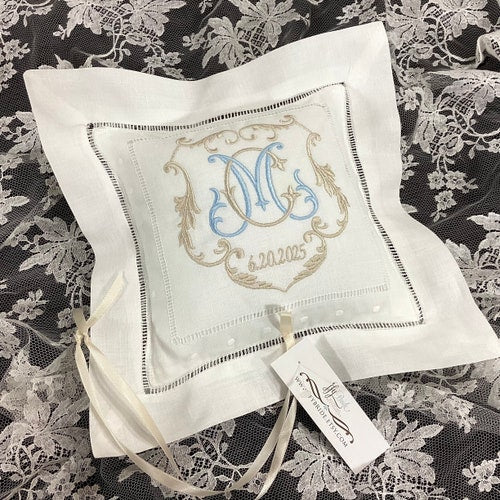 Monogrammed Linen Ring Bearer Pillow – Personalized Wedding Ring Cushion
