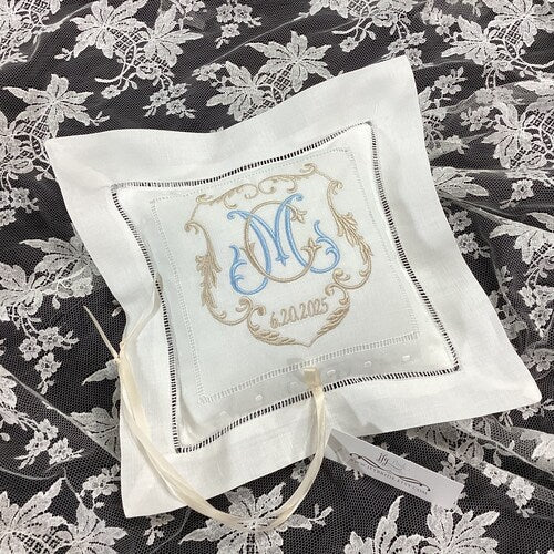 Monogrammed Linen Ring Bearer Pillow – Personalized Wedding Ring Cushion